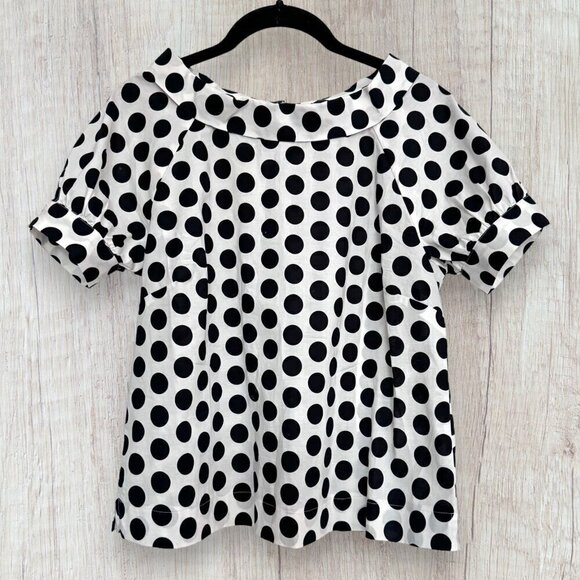 ANN TAYLOR Factory Black White Dot Short Sleeve Blouse Small Petite SP - Picture 1 of 4